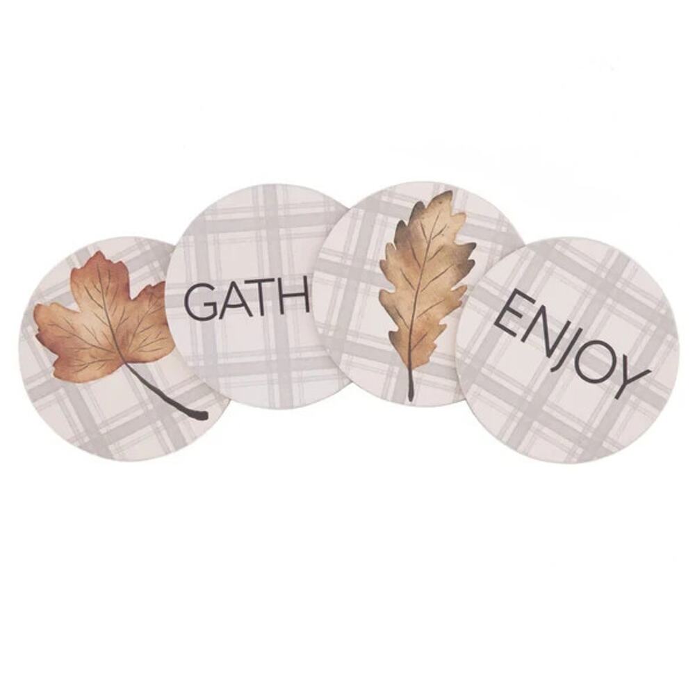 Way to Celebrate Ceramic Drink Coasters, Gray Plaid, Leaves, 4-Pack, MultiColor